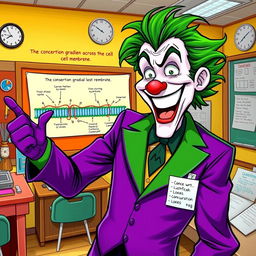 An engaging illustration of the Joker character, donning his iconic purple suit and wild green hair, energetically explaining the concept of the concentration gradient across the cell membrane in a vibrant classroom setting