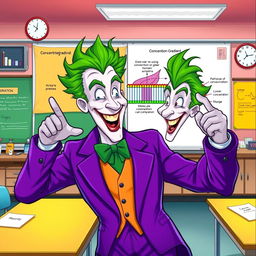 An engaging illustration of the Joker character, donning his iconic purple suit and wild green hair, energetically explaining the concept of the concentration gradient across the cell membrane in a vibrant classroom setting