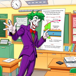 An engaging illustration of the Joker character, donning his iconic purple suit and wild green hair, energetically explaining the concept of the concentration gradient across the cell membrane in a vibrant classroom setting