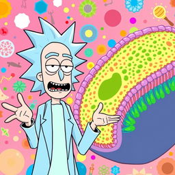 Rick from "Rick and Morty" standing next to a vibrant and detailed illustration of a glycocalyx and plasma membrane