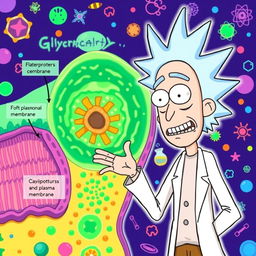 Rick from "Rick and Morty" standing next to a vibrant and detailed illustration of a glycocalyx and plasma membrane