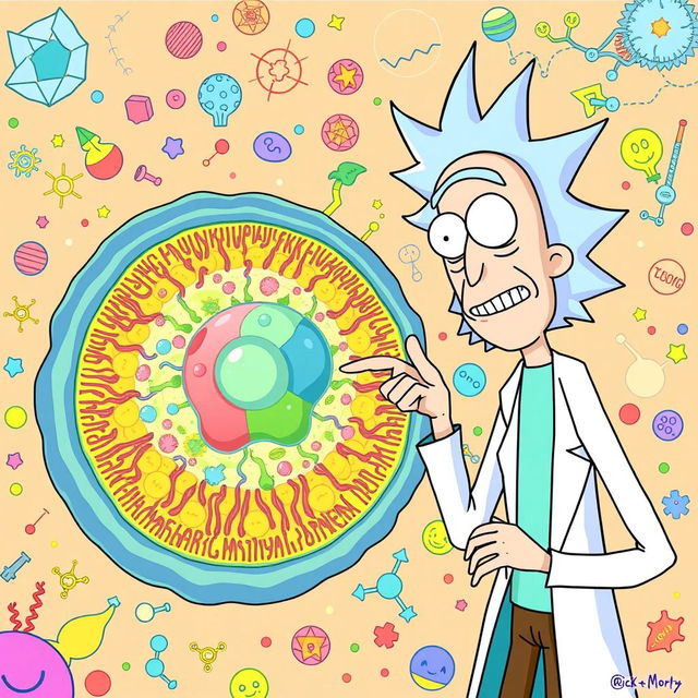 Rick from "Rick and Morty" standing next to a vibrant and detailed illustration of a glycocalyx and plasma membrane