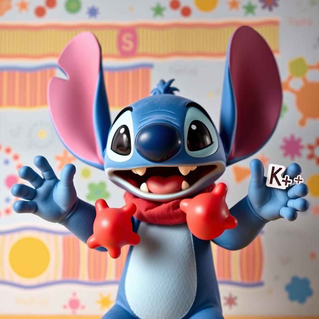 Stitch, the lovable blue alien from the movie Lilo & Stitch, animatedly explaining the sodium-potassium pump biological phenomenon