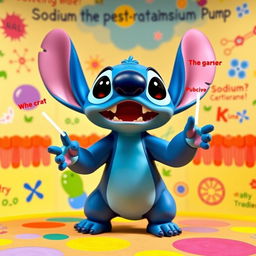 Stitch, the lovable blue alien from the movie Lilo & Stitch, animatedly explaining the sodium-potassium pump biological phenomenon