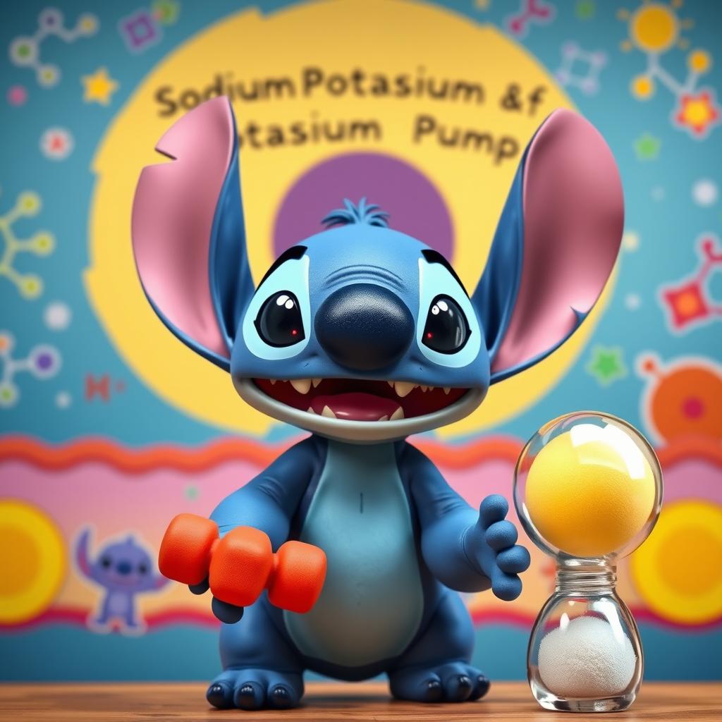 Stitch, the lovable blue alien from the movie Lilo & Stitch, animatedly explaining the sodium-potassium pump biological phenomenon