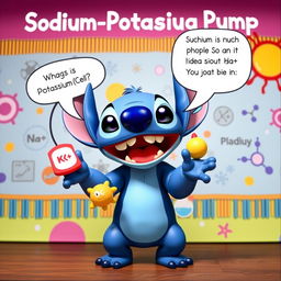 Stitch, the lovable blue alien from the movie Lilo & Stitch, animatedly explaining the sodium-potassium pump biological phenomenon