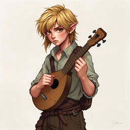 Eldrin, portrayed in the style of DnD character art, is a handsome, wiry young half-elf with sandy-blond hair falling just past his shoulders, often tousled from nervous fidgeting