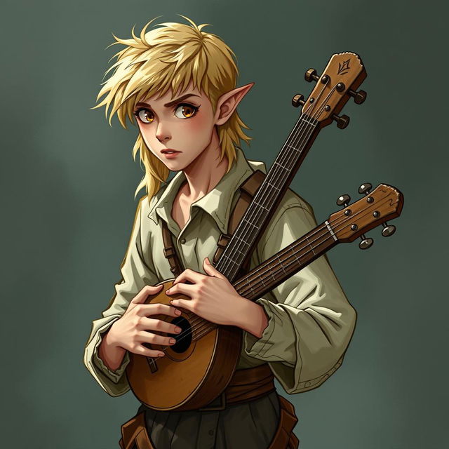 Eldrin, portrayed in the style of DnD character art, is a handsome, wiry young half-elf with sandy-blond hair falling just past his shoulders, often tousled from nervous fidgeting