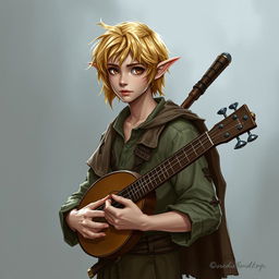 Eldrin, portrayed in the style of DnD character art, is a handsome, wiry young half-elf with sandy-blond hair falling just past his shoulders, often tousled from nervous fidgeting