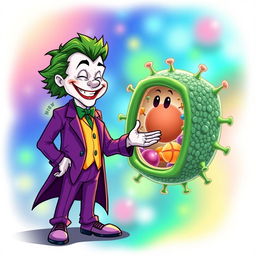 A whimsical and semi-realistic illustration of the Joker character, dressed in his signature purple suit and green hair, enthusiastically greeting a detailed, vibrant depiction of a cell membrane