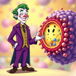 A whimsical and semi-realistic illustration of the Joker character, dressed in his signature purple suit and green hair, enthusiastically greeting a detailed, vibrant depiction of a cell membrane