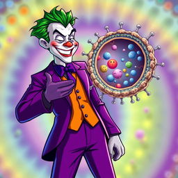 A whimsical and semi-realistic illustration of the Joker character, dressed in his signature purple suit and green hair, enthusiastically greeting a detailed, vibrant depiction of a cell membrane