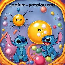 A detailed and scientifically accurate illustration of the sodium-potassium pump, showcasing the molecular structure and function