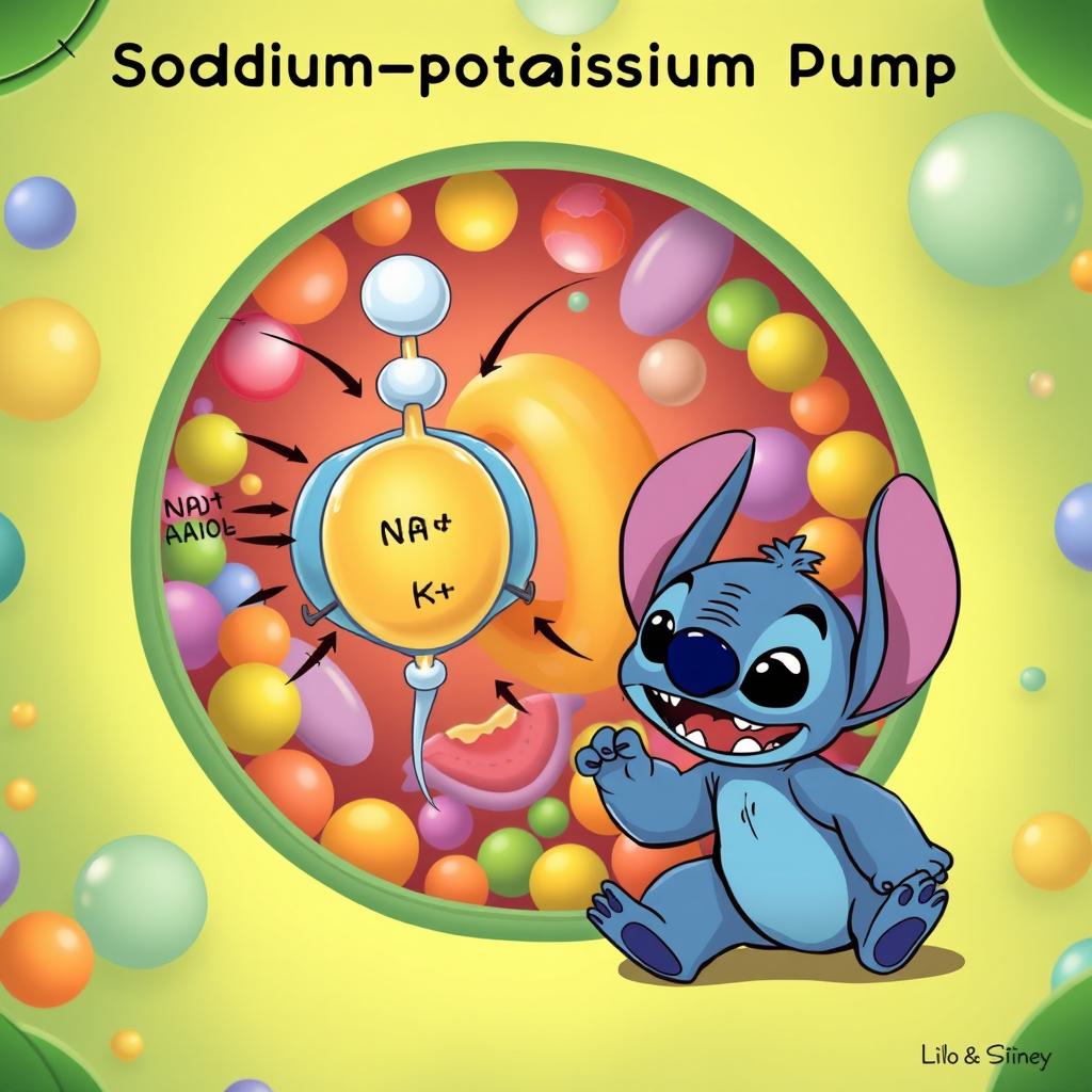 A detailed and scientifically accurate illustration of the sodium-potassium pump, showcasing the molecular structure and function