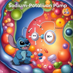 A detailed and scientifically accurate illustration of the sodium-potassium pump, showcasing the molecular structure and function