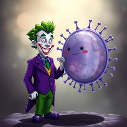 A realistic illustration of the Joker character, dressed in his iconic purple suit with a manic smile and striking green hair, warmly greeting a highly detailed depiction of a cell membrane