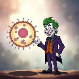 A realistic illustration of the Joker character, dressed in his iconic purple suit with a manic smile and striking green hair, warmly greeting a highly detailed depiction of a cell membrane