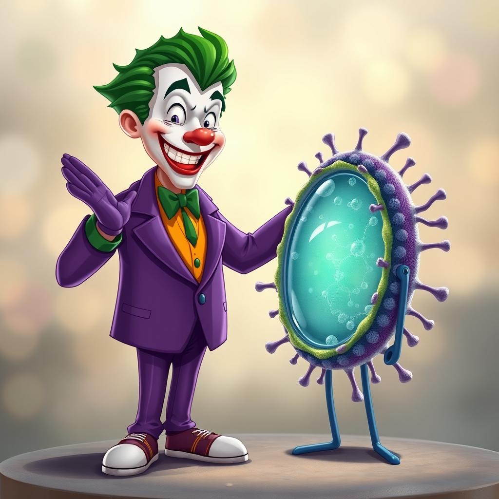 A realistic illustration of the Joker character, dressed in his iconic purple suit with a manic smile and striking green hair, warmly greeting a highly detailed depiction of a cell membrane