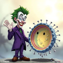 A realistic illustration of the Joker character, dressed in his iconic purple suit with a manic smile and striking green hair, warmly greeting a highly detailed depiction of a cell membrane