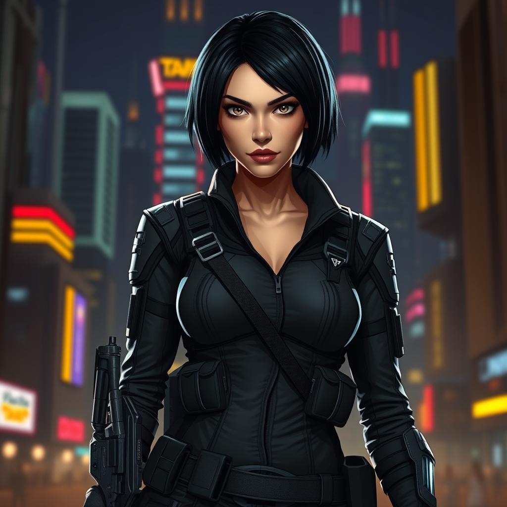 A female balosar bounty hunter with short black hair, wearing a sleek, fitted tactical outfit with various pockets and holsters