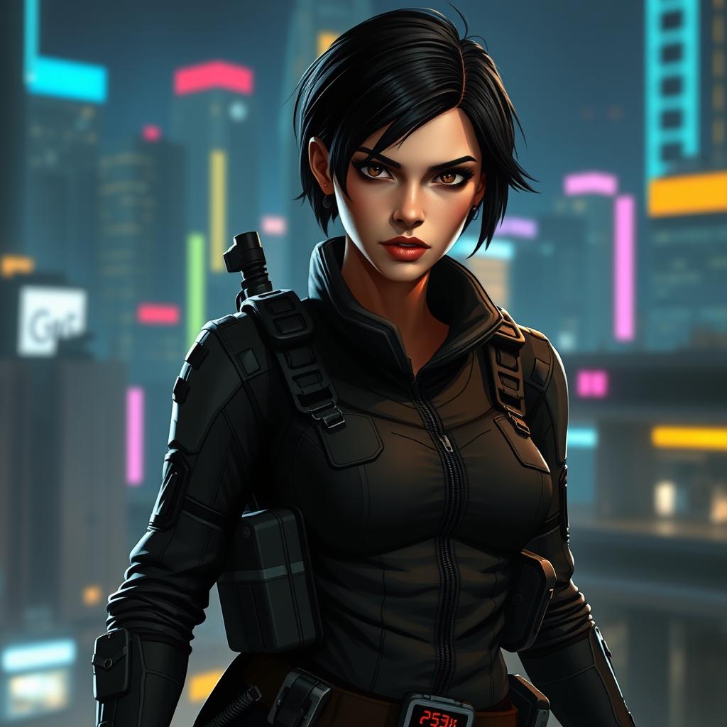 A female balosar bounty hunter with short black hair, wearing a sleek, fitted tactical outfit with various pockets and holsters