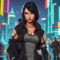 A female balosar bounty hunter with short black hair, wearing a sleek, fitted tactical outfit with various pockets and holsters