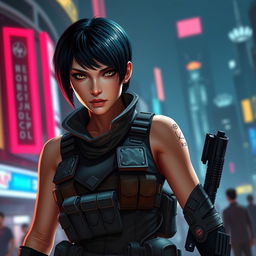 A female balosar bounty hunter with short black hair, wearing a sleek, fitted tactical outfit with various pockets and holsters