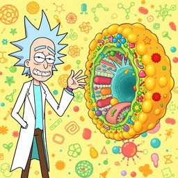 Rick from "Rick and Morty" standing next to a colorful and detailed representation of a glycocalyx and cell membrane structure