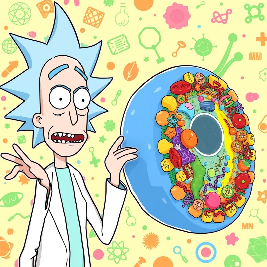 Rick from "Rick and Morty" standing next to a colorful and detailed representation of a glycocalyx and cell membrane structure