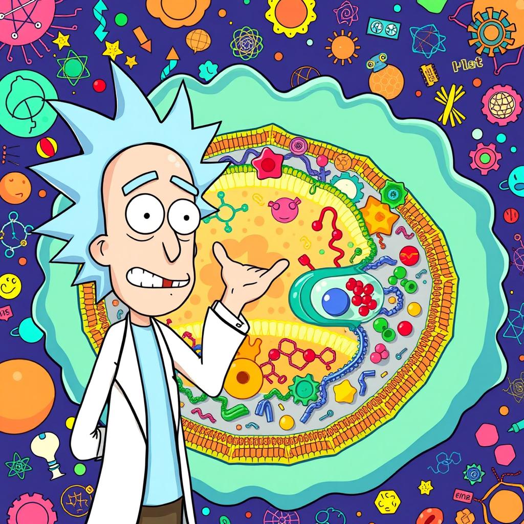 Rick from "Rick and Morty" standing next to a colorful and detailed representation of a glycocalyx and cell membrane structure