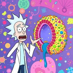 Rick from "Rick and Morty" standing next to a colorful and detailed representation of a glycocalyx and cell membrane structure