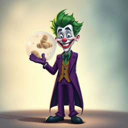 A highly realistic illustration of the Joker character, featuring his iconic purple suit and wild green hair, warmly greeting a meticulously detailed representation of a cell membrane