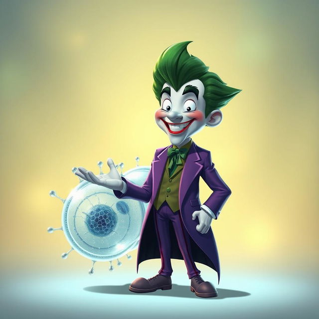 A highly realistic illustration of the Joker character, featuring his iconic purple suit and wild green hair, warmly greeting a meticulously detailed representation of a cell membrane