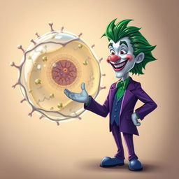 A highly realistic illustration of the Joker character, featuring his iconic purple suit and wild green hair, warmly greeting a meticulously detailed representation of a cell membrane