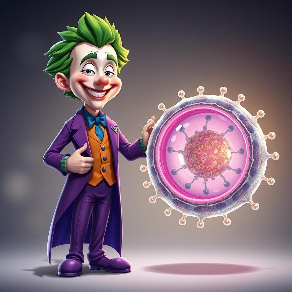 A highly realistic illustration of the Joker character, featuring his iconic purple suit and wild green hair, warmly greeting a meticulously detailed representation of a cell membrane