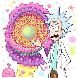 Rick from "Rick and Morty" standing beside a detailed illustration of a glycocalyx and plasma membrane