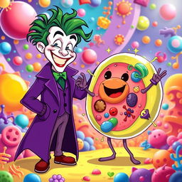 A whimsical illustration of the Joker character, characterized by his long purple coat and chaotic green hair, cheerfully greeting an anthropomorphized animal cell