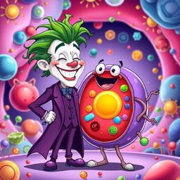 A whimsical illustration of the Joker character, characterized by his long purple coat and chaotic green hair, cheerfully greeting an anthropomorphized animal cell