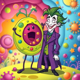 A whimsical illustration of the Joker character, characterized by his long purple coat and chaotic green hair, cheerfully greeting an anthropomorphized animal cell