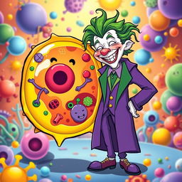 A whimsical illustration of the Joker character, characterized by his long purple coat and chaotic green hair, cheerfully greeting an anthropomorphized animal cell