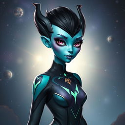 A female Balosar with a distinct short black pixie cut, adorned with two elegant antennae gracefully extending from her head