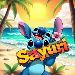 Stitch from Disney's Lilo & Stitch, holding a colorful sign that says 'Sayuri'