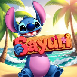 Stitch from Disney's Lilo & Stitch, holding a colorful sign that says 'Sayuri'