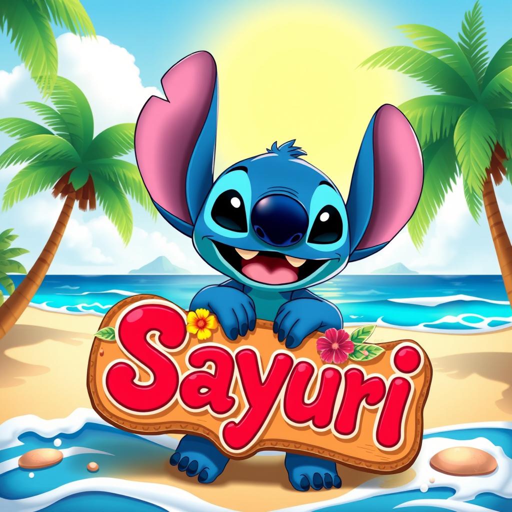 Stitch from Disney's Lilo & Stitch, holding a colorful sign that says 'Sayuri'