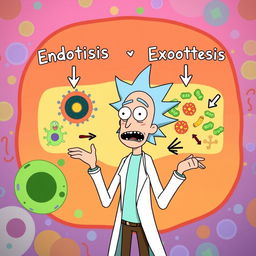 Rick from "Rick and Morty" animatedly explaining the concepts of endocytosis and exocytosis