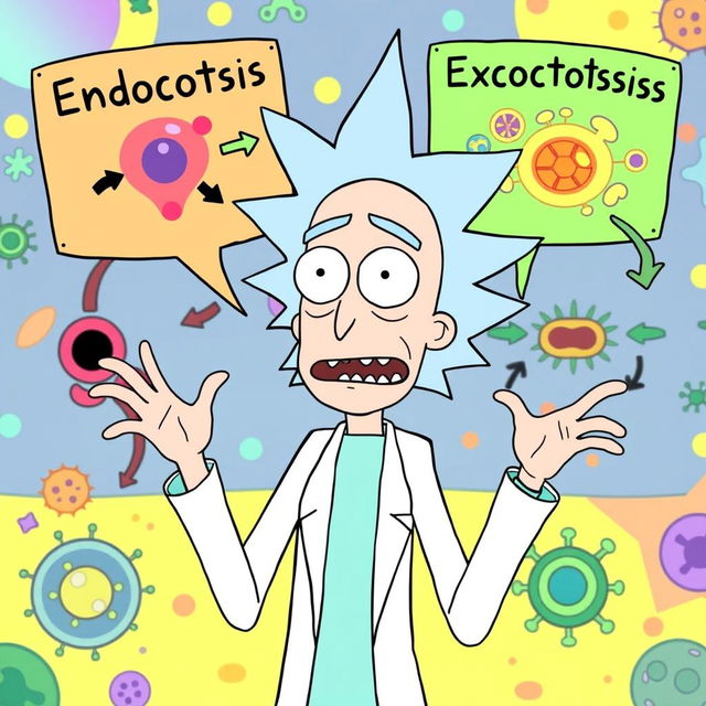 Rick from "Rick and Morty" animatedly explaining the concepts of endocytosis and exocytosis