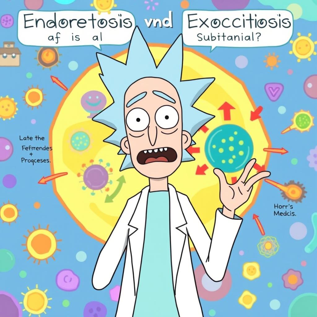 Rick from "Rick and Morty" animatedly explaining the concepts of endocytosis and exocytosis