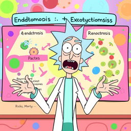 Rick from "Rick and Morty" animatedly explaining the concepts of endocytosis and exocytosis