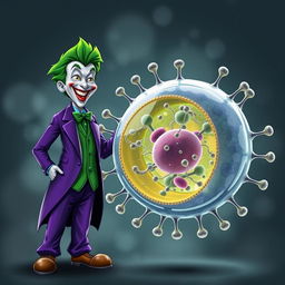 A strikingly realistic illustration of the Joker character in his iconic purple suit with vibrant green hair, joyfully greeting a prominently featured cell membrane