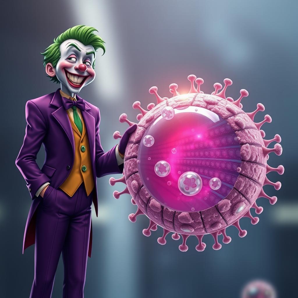 A strikingly realistic illustration of the Joker character in his iconic purple suit with vibrant green hair, joyfully greeting a prominently featured cell membrane